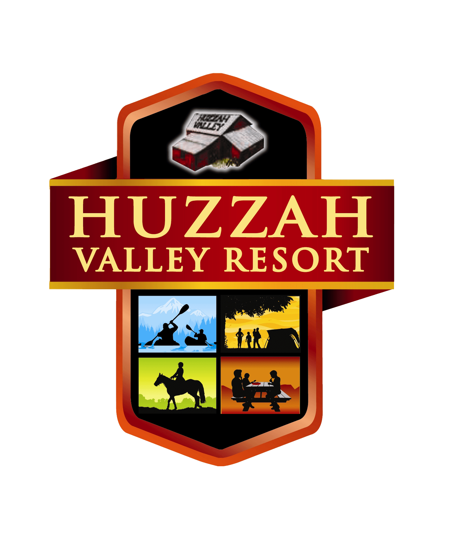A logo for Huzzah Valley Resort featuring a red, black, and orange color scheme. At the top, an image of a cabin; below, four icons show activities: hiking, canoeing, horseback riding, and family at a picnic table. Text reads "HUZZAH VALLEY RESORT.